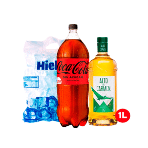 PROMO PISCO ALTO DE CARMEN 1LT+BEBIDA COCA COLA 3LT+1KG HIELO