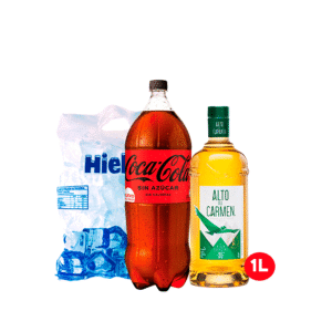 PROMO PISCO ALTO DE CARMEN 1LT+BEBIDA COCA COLA 3LT+1KG HIELO